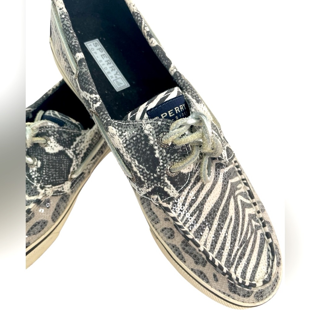 Sperry Top Sider Bahama Cheetah Zebra Print Sequin Womens Boat Shoes Size 9.5 M - Picture 2 of 8